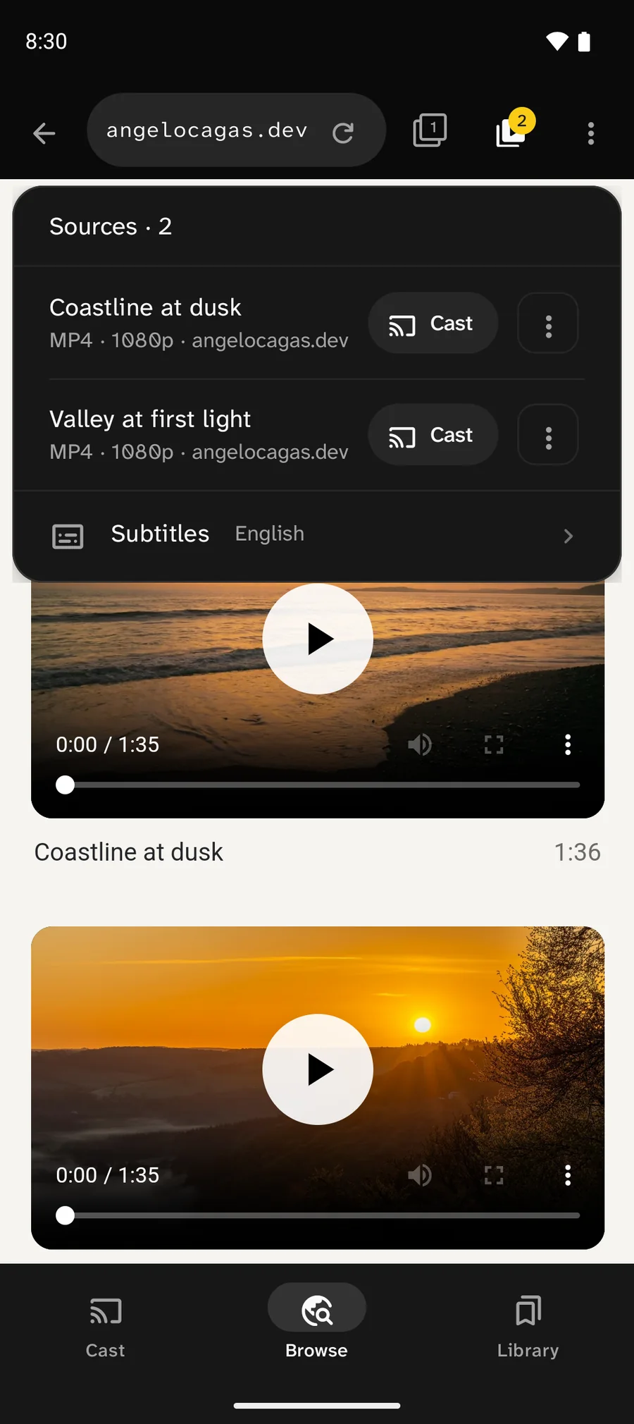 CastWay Browse on the angelocagas.dev page Coastline at dusk. The Sources panel lists two videos, Coastline at dusk and Valley at first light, each MP4 1080p with a Cast button, and English subtitles.