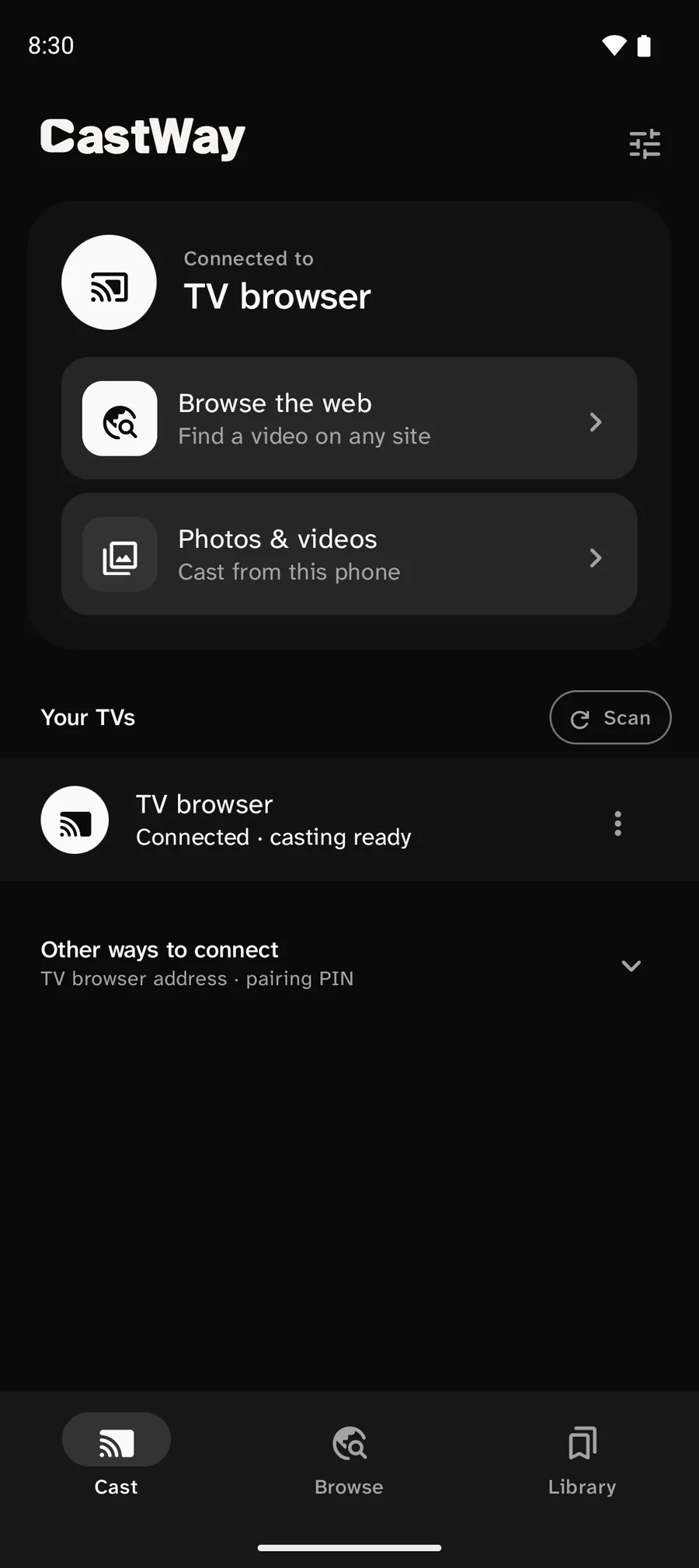 CastWay Cast tab, connected to TV browser. Your TVs lists one TV: TV browser, connected, casting ready.