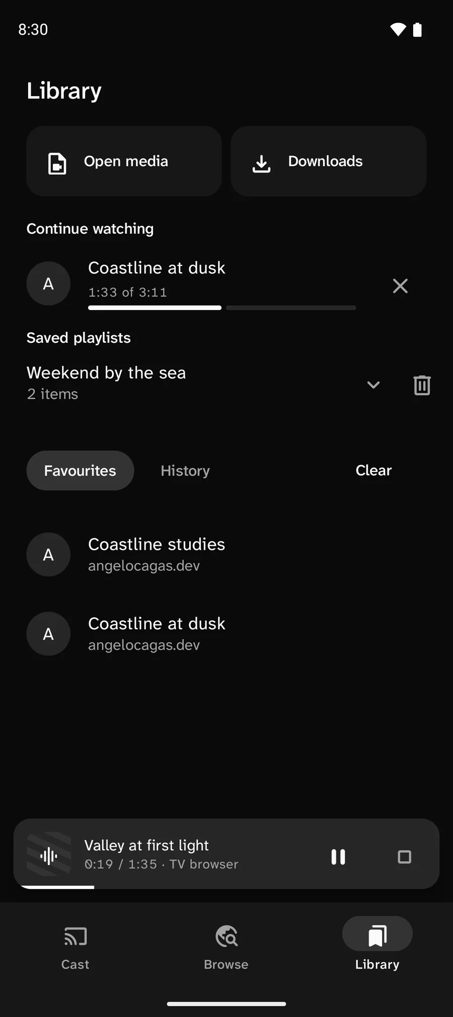 CastWay Library: Continue watching Coastline at dusk, the saved playlist Weekend by the sea with 2 items, and Favourites. A mini player shows Valley at first light on the TV browser.