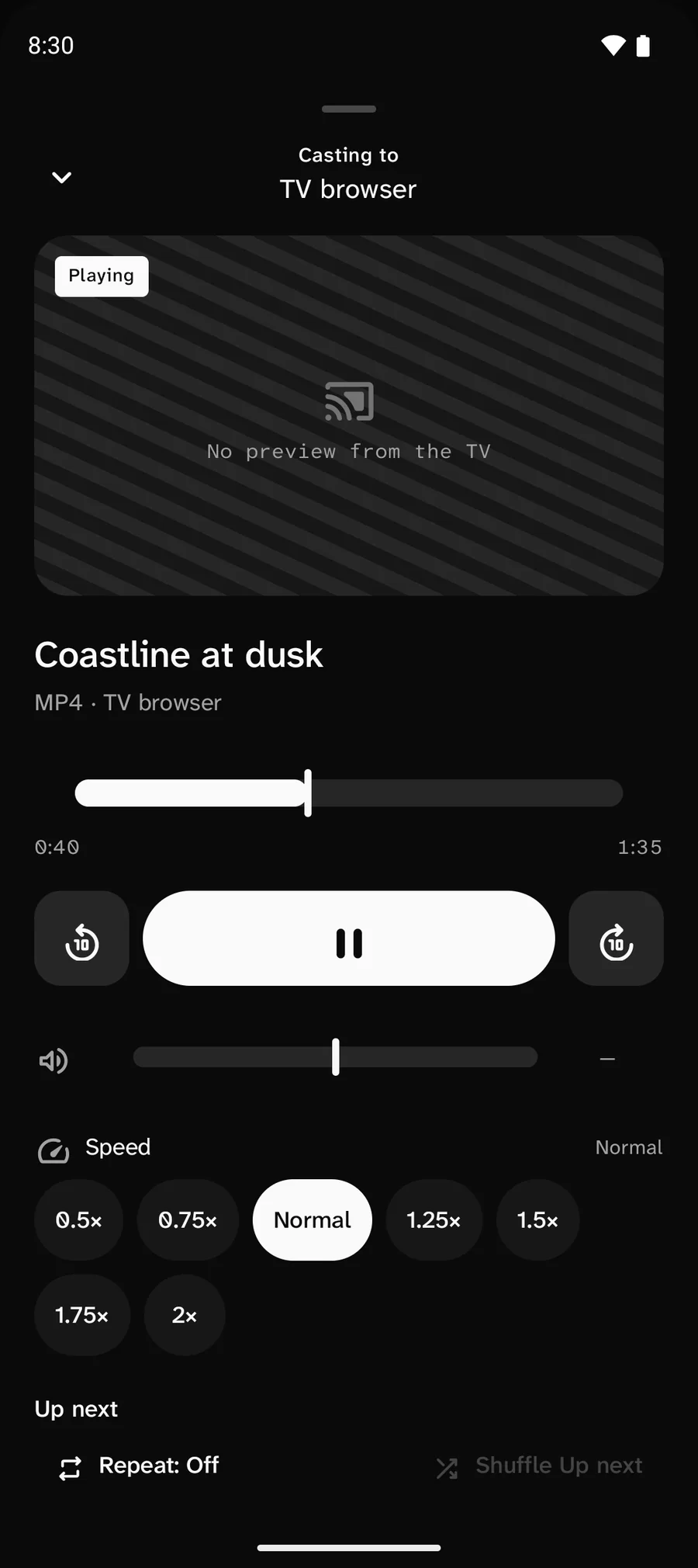 CastWay playback sheet, casting to TV browser. Playing: Coastline at dusk, MP4, 0:40 of 1:35, with back 10 seconds, pause and forward 10 seconds buttons.