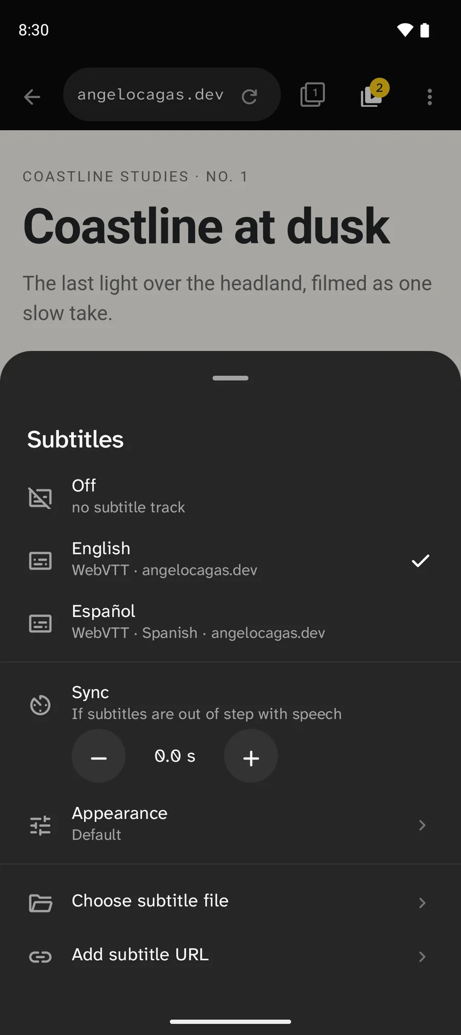 CastWay Subtitles sheet: Off, English selected, Español, Sync 0.0 s, Appearance, Choose subtitle file and Add subtitle URL.