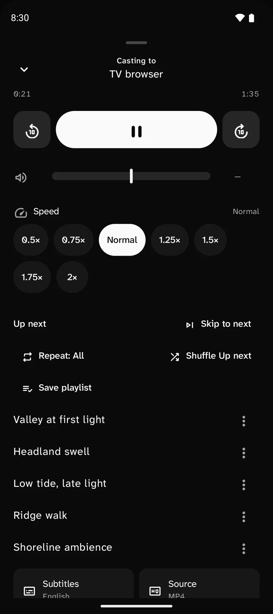 CastWay playback sheet at Up next: Skip to next, Repeat: All, Shuffle Up next, Save playlist and five queued items.